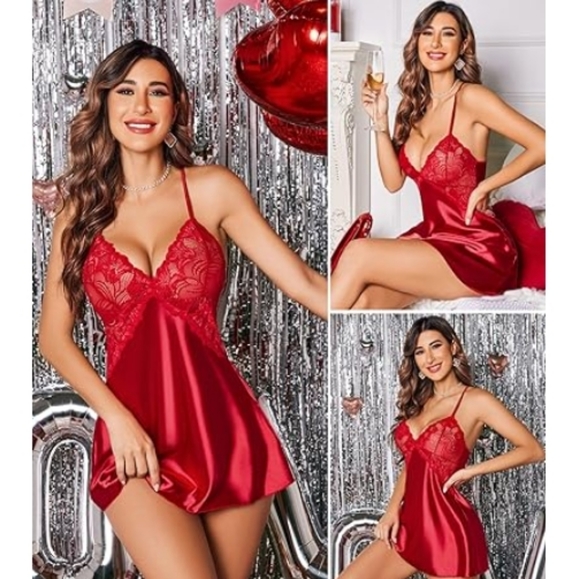 Avidlov Women Lingerie V Neck Nightwear Satin Lace Chemise Mini Teddy Red Nighty - Picture 3 of 8